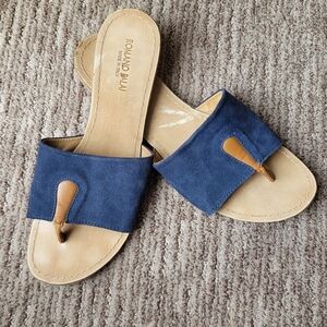 LEATHER SANDALS MADE IN ITALY TOE POST THONG WIDE STRAP CASUAL TAN BLUE  8.5
